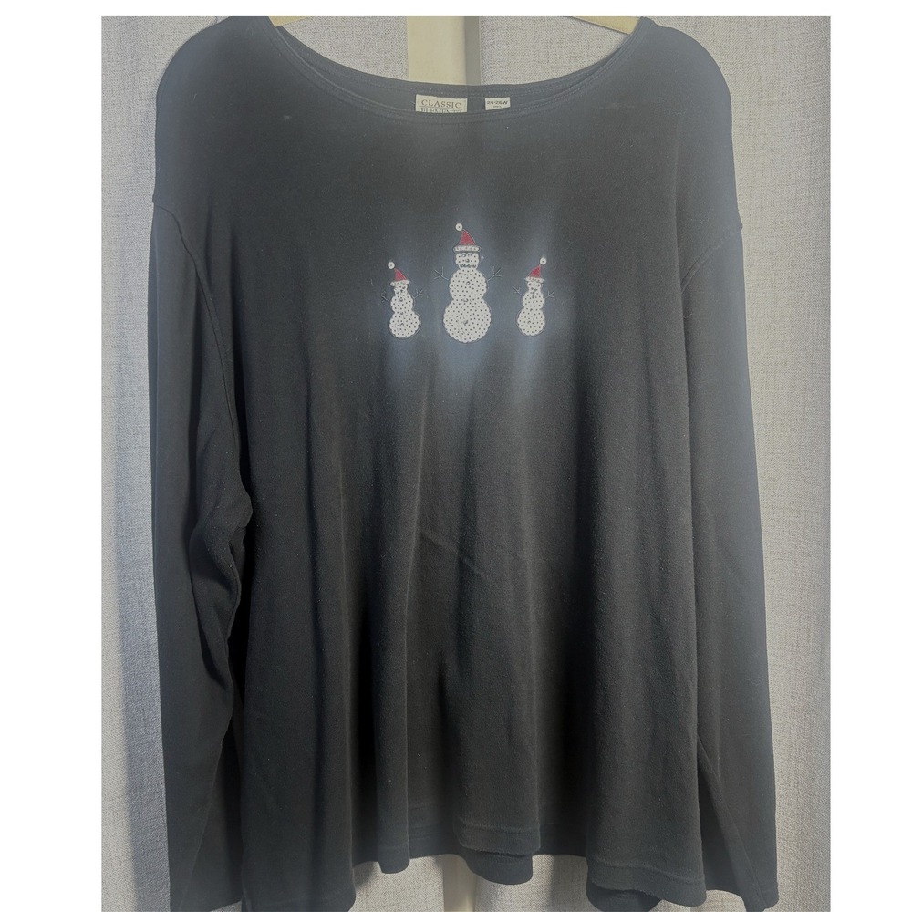 Classic Elements Woman Black Sequin Snowman Holiday Long Sleeve Top 24-26W